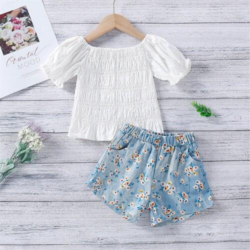 FOCUSNORM 1-6Y Kids Girls Clothes Sets Ruffles Short Sleeve Solid Off Shoulder T Shirts Flowers Shorts 2pcs