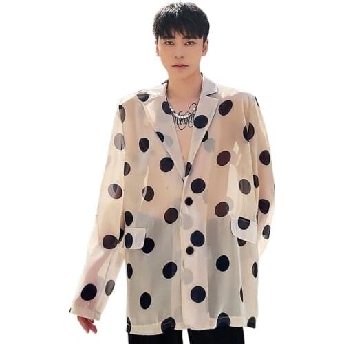 Mens See Through Thin Suit Jacket Blazers Tracksuit Dot Breathable Man Streetwear Vintage Loose Casual Sunscreen Coat Male