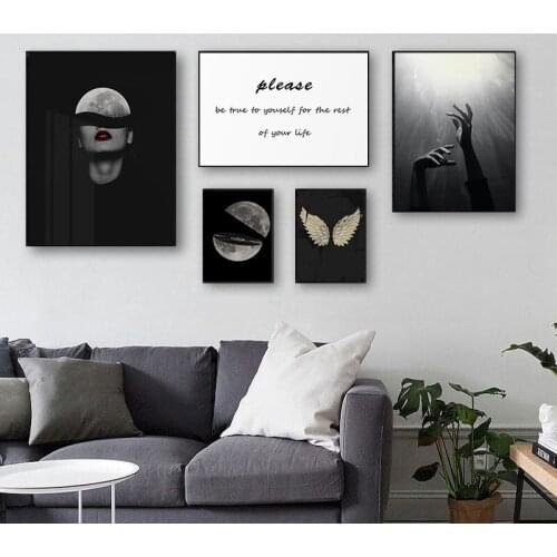 Wall Art Black and White Angel Wings Picture Abstract Moon Girl Poster Canvas Painting Nordic Style Dark Print Modern Home Decor
