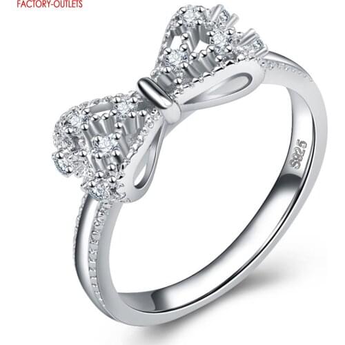 Real 925 Sterling Silver Bowknot Finger Rings For Women Vintage Retro Stackable Rings Band Silver Fine Jewelry Crystal Rings