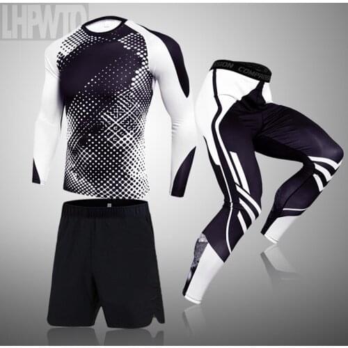 New Mens Fitness Compression Set Tops + Leggings Underwear Sport Running Suit Gym Fitness Tights clothing Sportswear Set