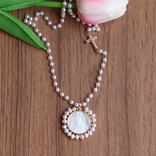 1pc Natural MOP Sacred Heart & Guadalupe &San Benito Mother Pearl and pearl cross Necklace Freshwater Pearl Lady Necklaces