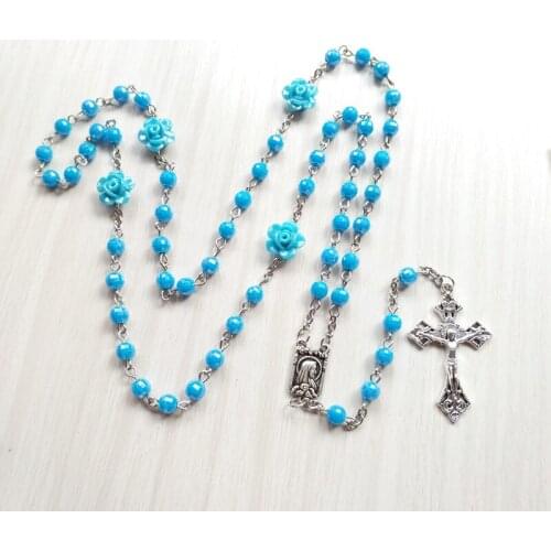 QIGO Catholic Acrylic Round Beads Rose Rosary Necklace For Women Religious Prayer Jewelry