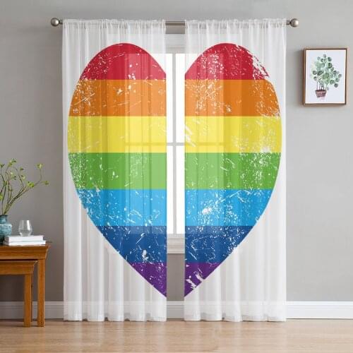 Rainbow Heart Shaped Stripes Colorful Love Tulle Window Treatment Sheer Curtains for Living Room the Bedroom Curtains Decoration