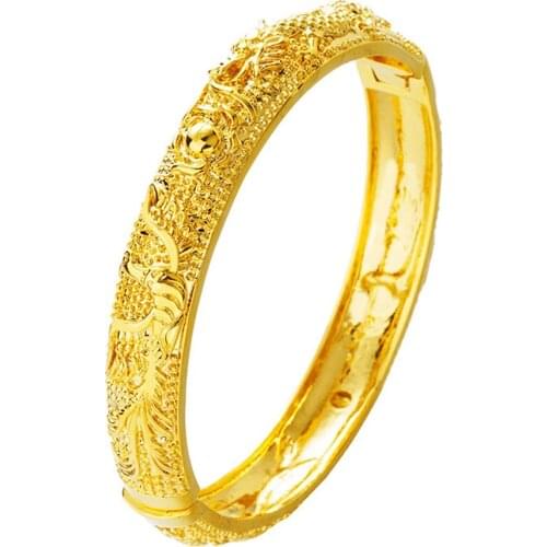 Luxury Phoenix Dragon Pattern Bangle Yellow Gold Filled Wedding Womens Bracelet Gift