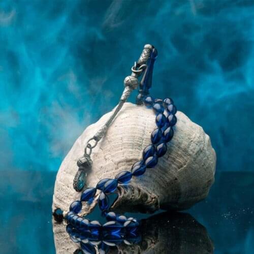 Silver Blue Amber Gemstone Prayer Rosary Men Barley Cut Rosary With Silver Tassel Turkish Tasbih With Drop Tassel 925k Silver