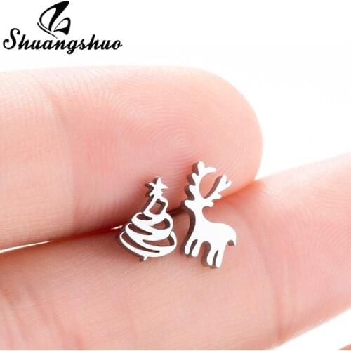 Shuangshuo Cute Small Elk Deer Christmas Tree Stud Earrings For Women Girls Asymmetric Animal Earrings Temperament Jewelry