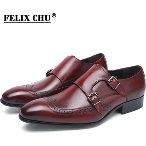 FELIX CHU High Quality Genuine Leather Men Formal Shoes Party Pointed Toe Dressy Wedding Burgundy Black Monk Strap Dress Shoes