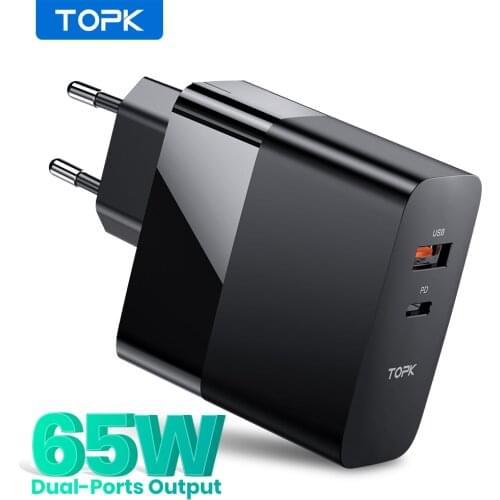 TOPK B217P 65W USB Phone Charger Portable Type C PD Fast GaN Charger Adapter Quick Charge QC 3.0 4.0 for MacBook Laptop Notebook