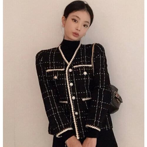 Autumn Tweed Plaid Jacket Women Contrast Color V-neck Short Wool Coat Single Breasted Golden Buttons Jackets Vintage Korean