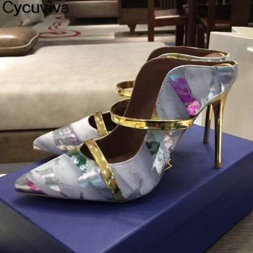 2021 Sexy High Heel Slippers Women Pointed Toe Metal Ladies Shoes Slingback Stiletto Brand Summer Runway Women Shoes Sandalias