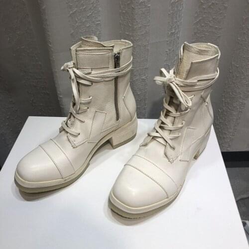 Designer New Brand Military Vintage Lace Up Round Toe Womens High Top Boots Genuine Leather Sheepskin Zip Female Low Heel Shoes