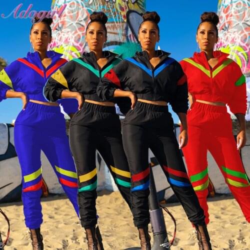 Women Outfit Soprtwear Two Piece Set Casual Color Patchwork Zipper Up Long Sleeve Crop Tops Jacket Long Pants Suit Tracksuit Set