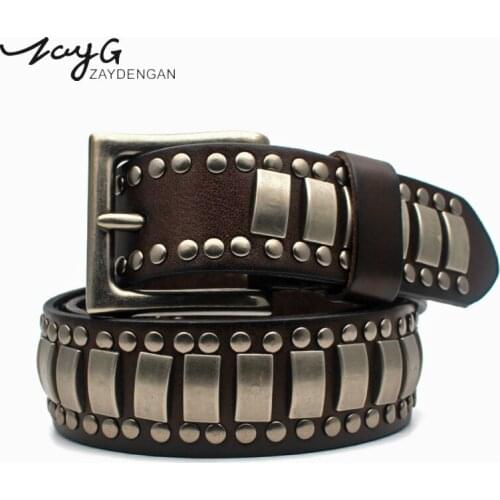 ZAYG Fashion Punk Personality Pin Buckle High Quality Genuine Leather Belt Copper metal Studded Belt Vintage Wind Big Rivet Belt