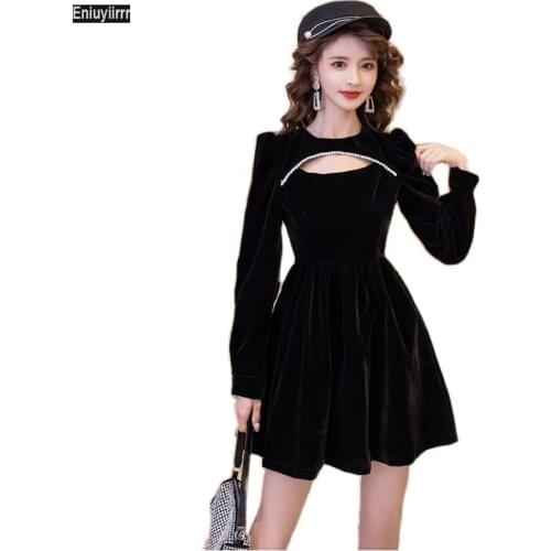 Women 2021 New Year Winter Spring Patchwork Sheer Mesh French Black Elegant Party Cute Mini Velvet Hollow Out Sexy Dress