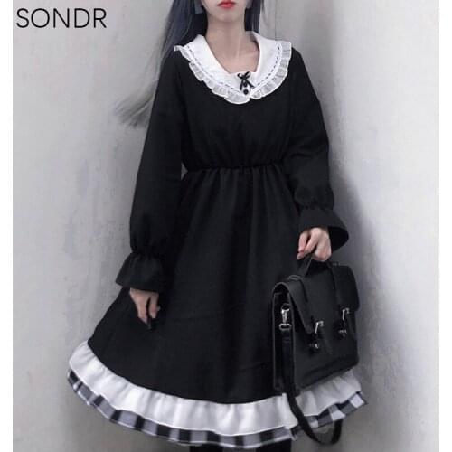 Japanese Goth Princess Dress Women Vintage Long Sleeve Student Lace Soft Girl Lolita Dress Midi Vestidos Spring Kawaii Clothing