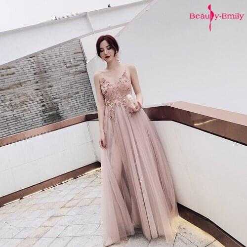 Beauty Emily Sexy V Neck Spaghetti Strap Evening Dress Charming Lace Sleeveless Sequins Beads Lace Up Back High Split Prom Gowns