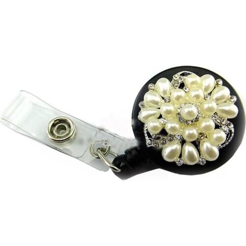100pcs wholesale Rhinestone Retractable Badge Holder Pearl Badge Reel/id badge holder