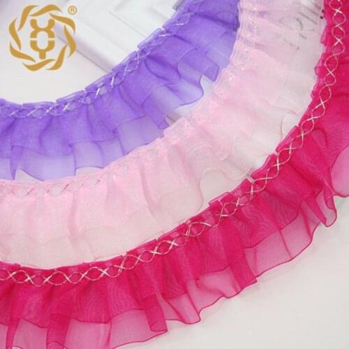 30meters Organza Ruffles Lace Fabric Chiffon Hem Pleated Lace Trim Skirt Cuffs Doll Clothes Lace Accessories White Black Yellow