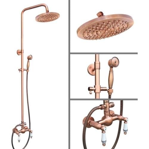 Antique Red Copper Wall Mounted Waterfall Bathroom 8" inch Round Rain Shower Faucet Set Dual Ceramic Handle Mixer Tap arg553