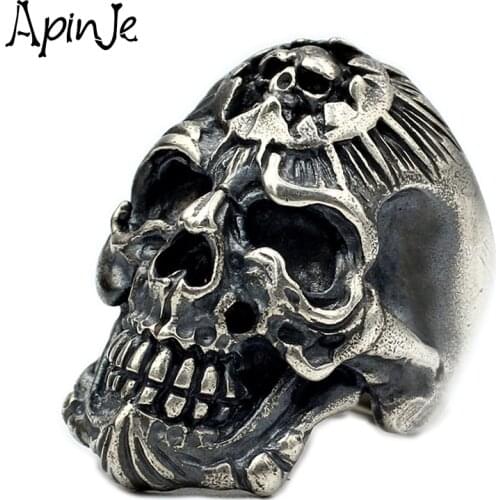 Apinje Vintage Thai Silver Unique Handcrafted 925 Sterling Silver Skull Ring for Men Punk Gothic Big Skull Rings