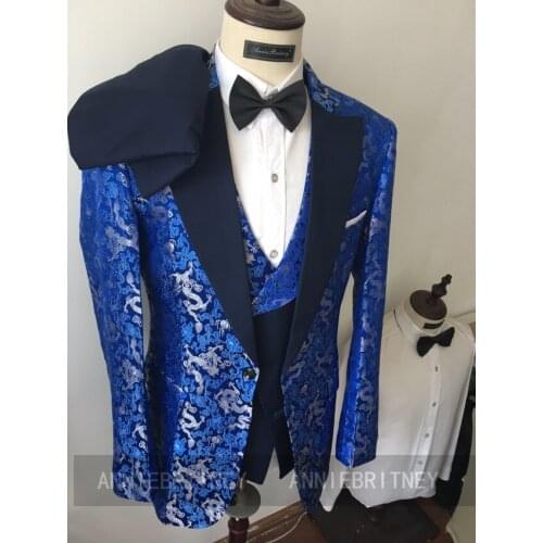 Shiny Royal Blue Suits For Men Slim Fit Plus Size Printed Blazer Mint Green Vest Pants 3Pcs Fashion Groom Prom Wedding Tuxedo