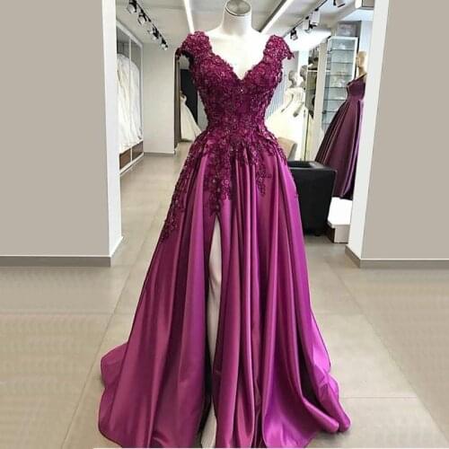 Elegant Long Purple New Dresses abendkleider 2020 Sexy High Slit Beaded Applique vestidos de fiesta largos elegantes de gala