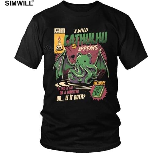 Funny A Wild Cthulhu T-Shirt Summer Cotton Cat or Monster T Shirt Short Sleeves Harajuku Tshirt Men Kaiju Lovecraft Movie Tee