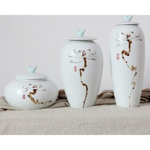 Artistic Ceramic Storage Jar Collection (3 Pcs) with Hand Painted Lotus Painting Decoration G15014520