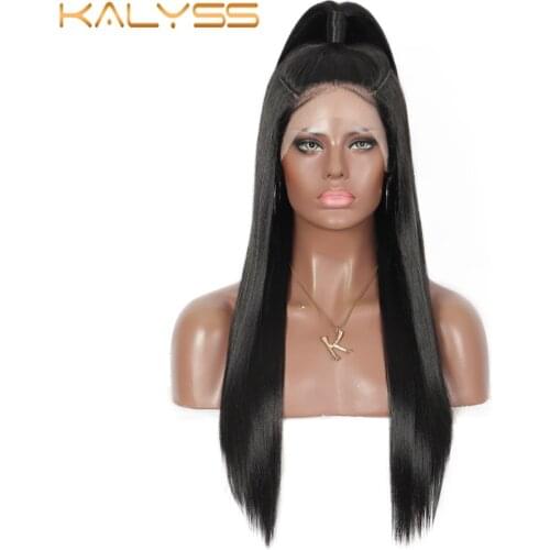 Kalyss 28inches Black Color Synthetic Hair Lace Front Wigs Pre-braided ponytail circle lace parted wig with baby hair for women