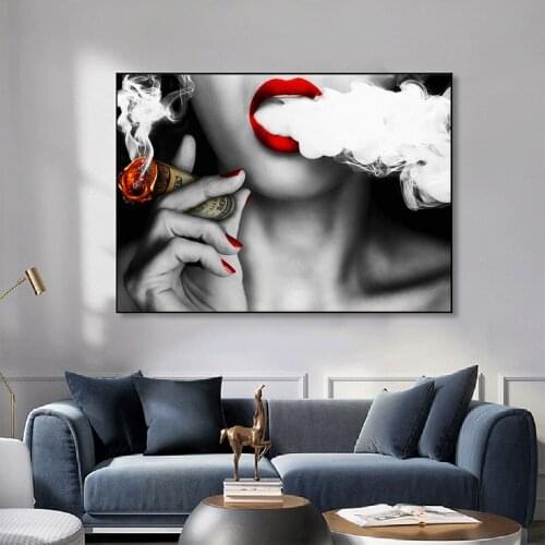 Sexy Red Lips Girl Smoking A Cigar Canvas Painting Modern Prints and Posters Cuadros Wall Art Picture for Living Room Home Decor