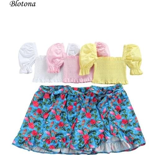 Blotona 3Pcs Sweet Little Girls Outfit, Summer Solid Color Puff Sleeve Ruched Short Tops +Floral Print Skirt +Belt Set, 1-6Years