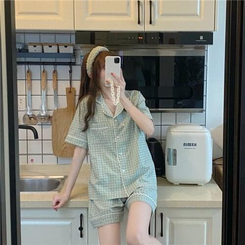 Lace Plaid Print Sleepwear Women Short Sleeve Summer Home Suit Kawaii Korean Pajamas Set Soft Cotton Home Clothes Pocket