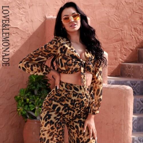 LOVE&LEMONADE Sexy V-Neck Knotted Semi-Perspective Brown Leopard Print Chiffon Beach Blouse LM83049-T