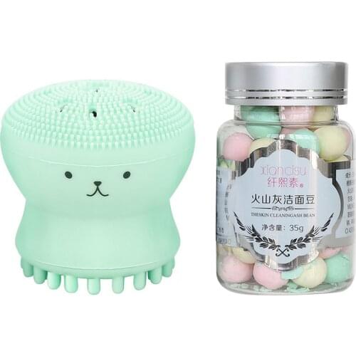 Cute Soft Silicon Octopus Facial Cleaning Brush Cleanser with 44pcs Amino Acid Cleansing Beans Face Skin Care Cleaner Supplies