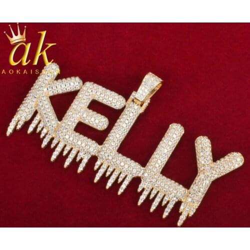 Solid Back Custom Name Dripping Letters Pendant & Necklaces For Women Gold Color Cubic Zircon Hip Hop Jewelry