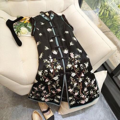 Autumn And Winter New Wear Retro Acetate Embroidery Chinese Style Vest Add Down Cotton Lady Middle Length Coat Plus Size M-3XL