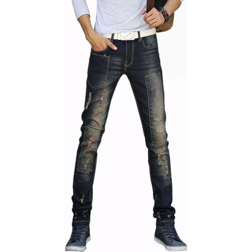 Autumn and winter 2021 new stretch jeans mens small feet slim mens hole patch youth casual long teenager pencil pants