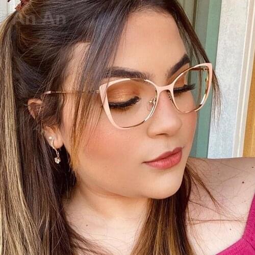 80087 Anti-blue Light Cat Eye Metal Glasses Frame Spring Leg Optical Fashion Computer Eyeglasses for Men Women