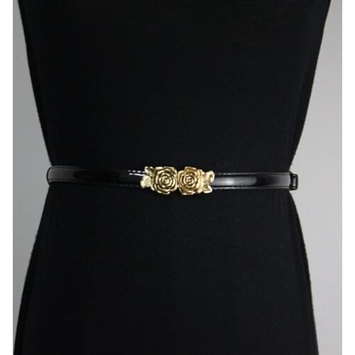 Hot Womens faux leather straps fashion women belts black flower buckle waistband high quality Patent leather waist belt dress