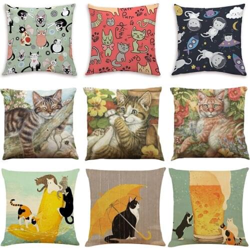 Cute Cartoon Cat Cotton Thick Linen Car Cushion Cover Bedroom Sofa Throw Pillowcase Animal Printing Pillow Cases Creative Decor