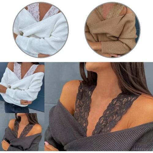 Soft Simple Long Sleeve V-Neck Sweater Pullover Lace Strap Women Knitwear Thicken Streetwear