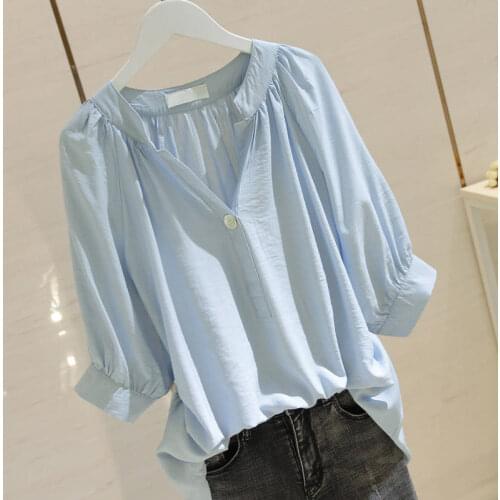 Oversized 4XL Women Blouse 2021 Summer New V-neck Lantern Sleeved Loose Office Lady Elegant Pulls Tops Top Quality