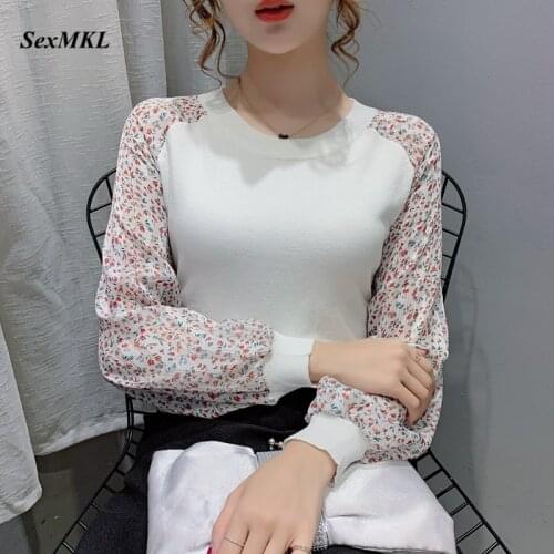 Women Loose Printed White Blouses 2020 Fashion Long Sleeve Chiffon Patchwork Black Tops Korean Clothes Casual Knitted Blouse