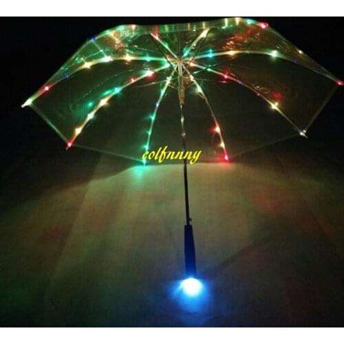 10pcs/lot Fast shipping Rainbow color Umbrella LED Luminous Transparent Umbrella With Flashlight Flash light Torch 23 Inch 8K