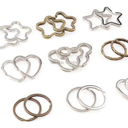 200 pcs/lot Split Key Chain Key Ring Heart Star Flower Round Antique Copper Key chain Accessories DIY Jewelry Making