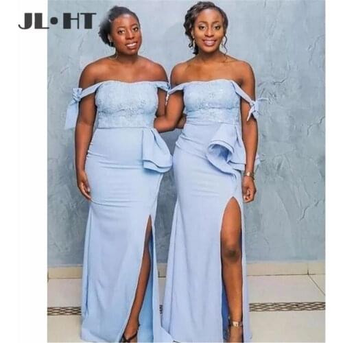 2021African Black Girl Long Bridesmaids Gown Lace Elastic Satin Mermaid Off the Shoulder Wedding Party Gown Bridesmaids Dress