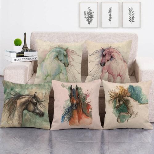 45cm*45cm watercolor running horse design linen/cotton throw pillow covers couch cushion cover home decor pillow