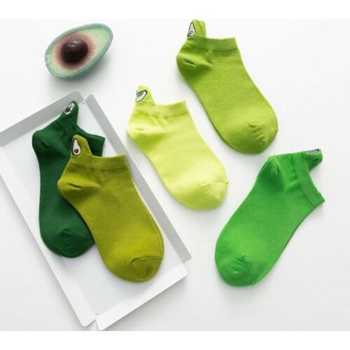 5 Pairs Women Girls Cartoon Avocado Embroidery Ankle Short Socks Bright Green Low Cut Summer Casual Cotton Hosiery