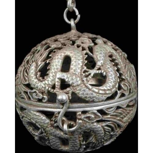 Chinese Copper Tibet Silver Hand Carved Dragon Incense Burner Netsuke Ball Pendant Animal Statue